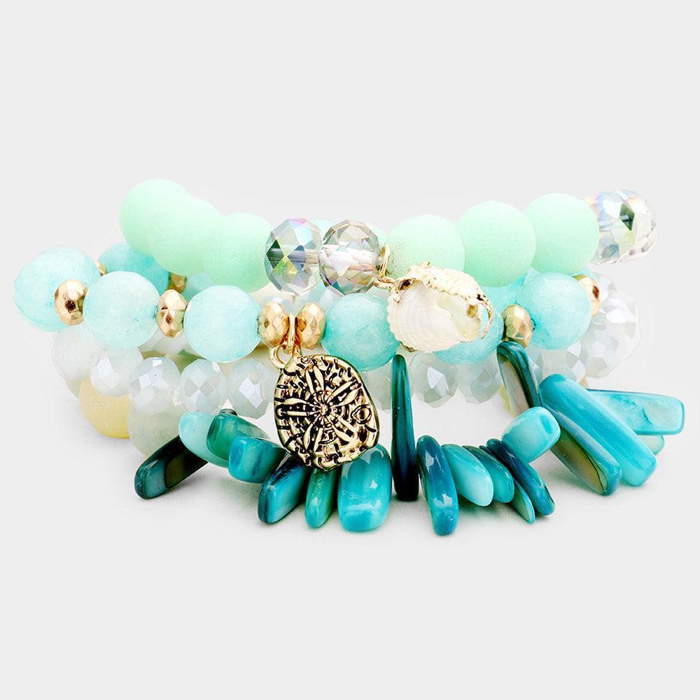 Green 4PCS Semi Precious Stone Sand Dollar Bead Stretch Bracelets - Jewelry Store by Erik Rayo