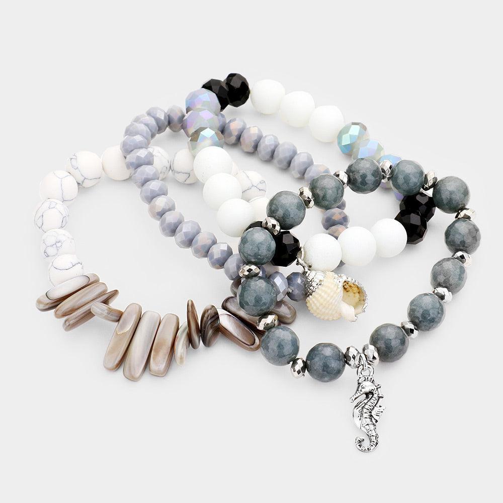 White 4PCS Semi Precious Stone Seahorse Beaded Stretch Bracelets - Jewelry Store by Erik Rayo