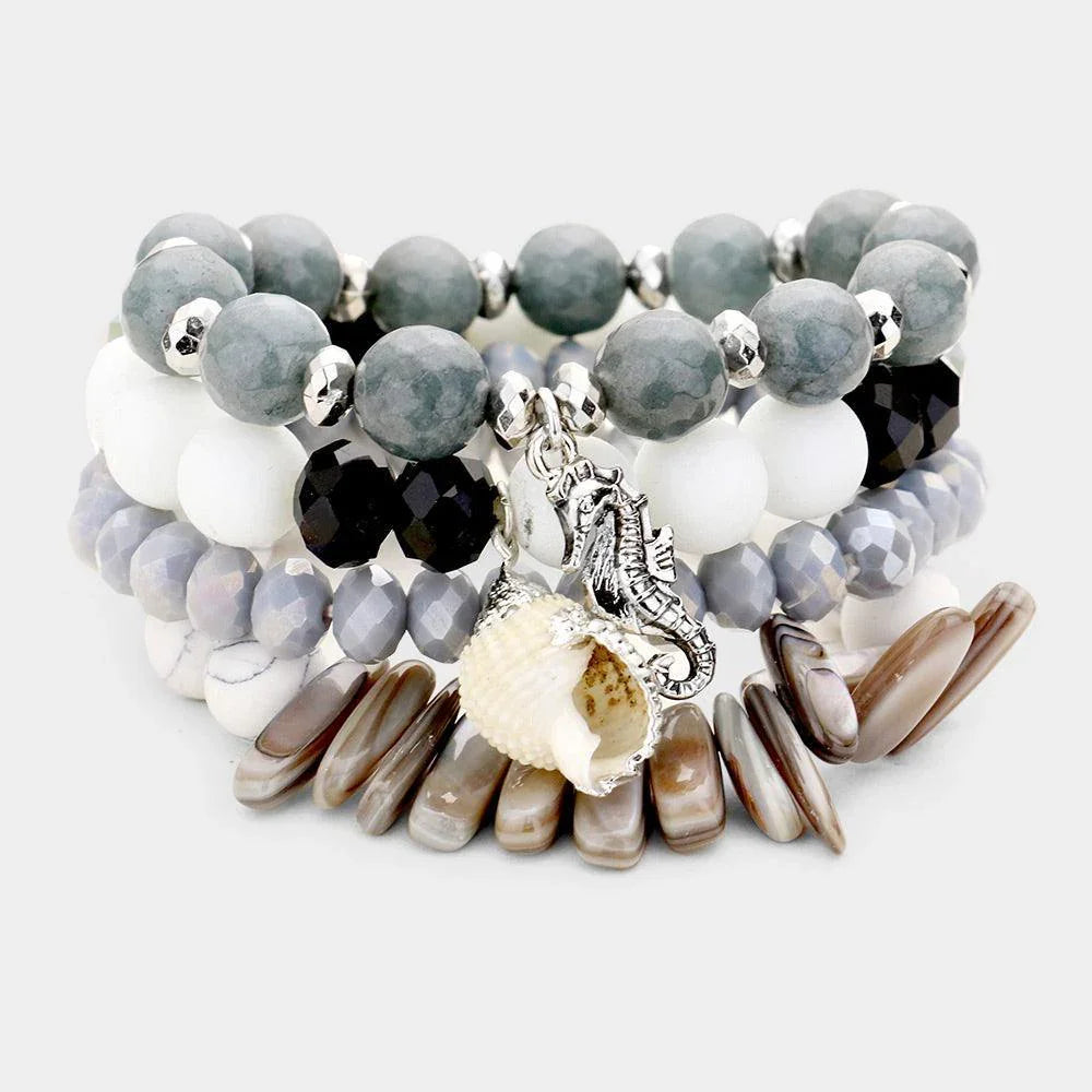 White 4PCS Semi Precious Stone Seahorse Beaded Stretch Bracelets - Jewelry Store by Erik Rayo