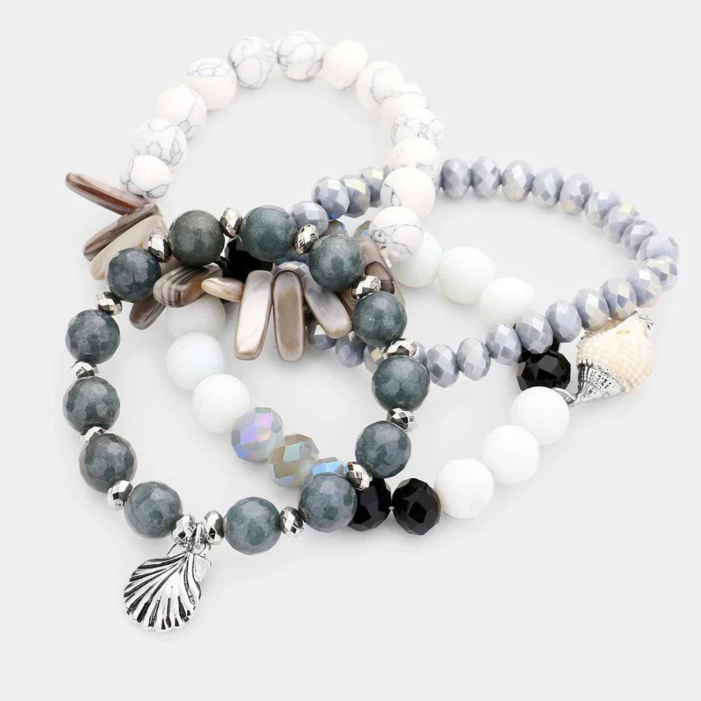 White 4PCS Semi Precious Stone Shell Beaded Stretch Bracelets - Jewelry Store by Erik Rayo