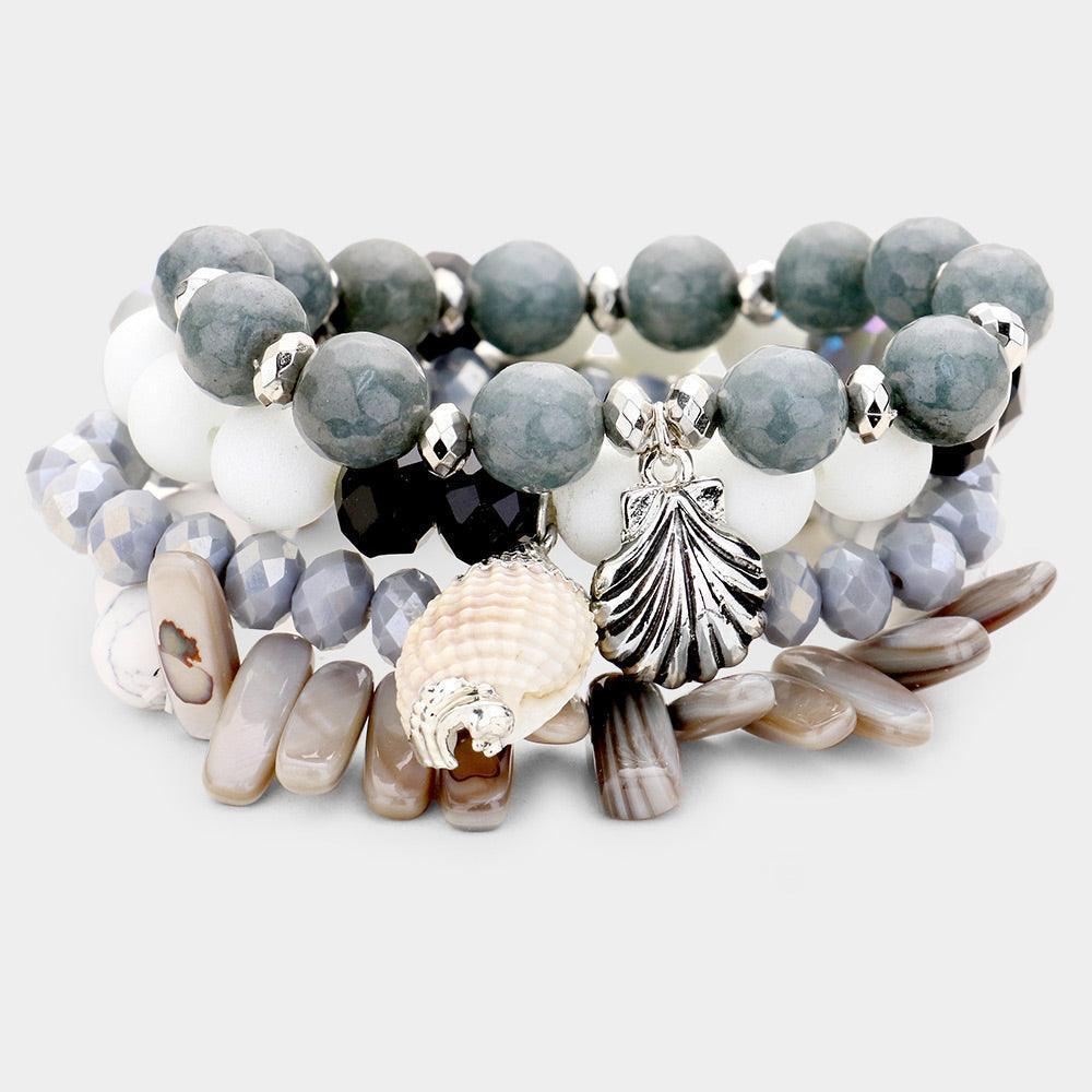 White 4PCS Semi Precious Stone Shell Beaded Stretch Bracelets - Jewelry Store by Erik Rayo