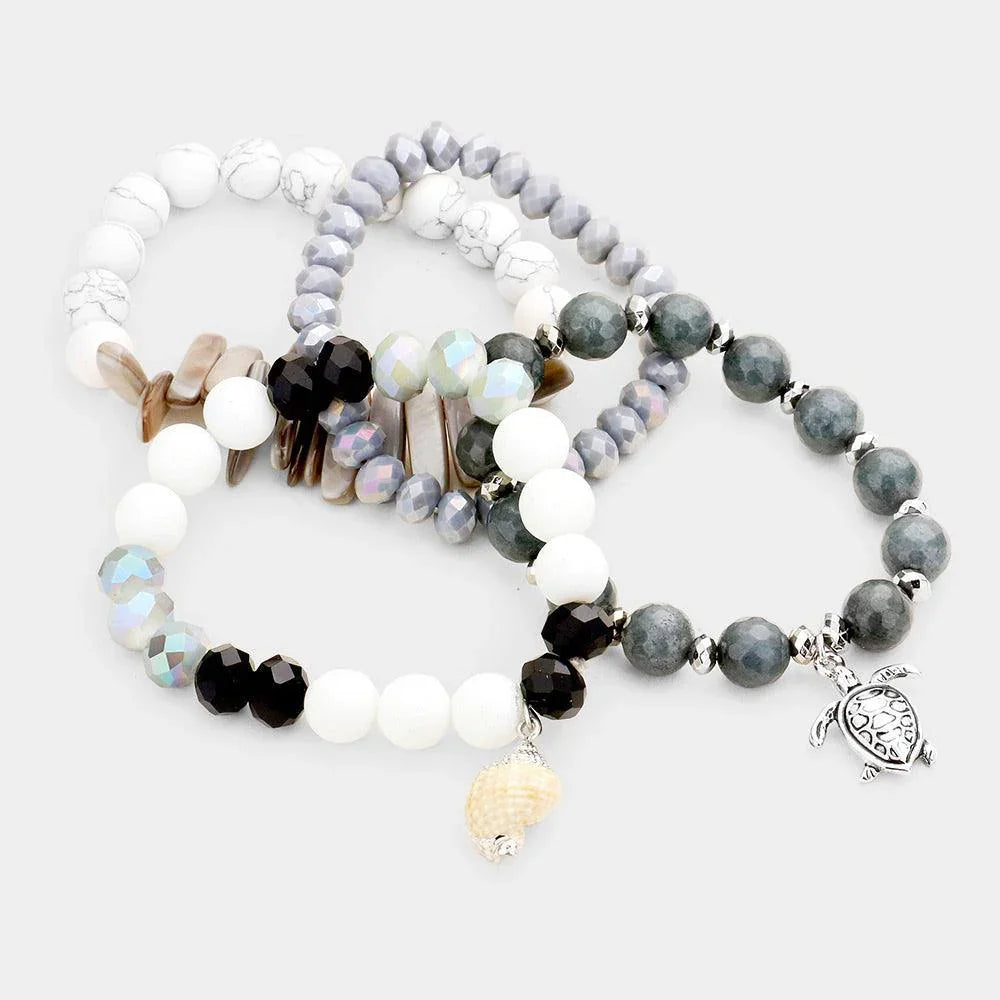 White 4PCS Semi Precious Stone Turtle Beaded Stretch Bracelets - Jewelry Store by Erik Rayo