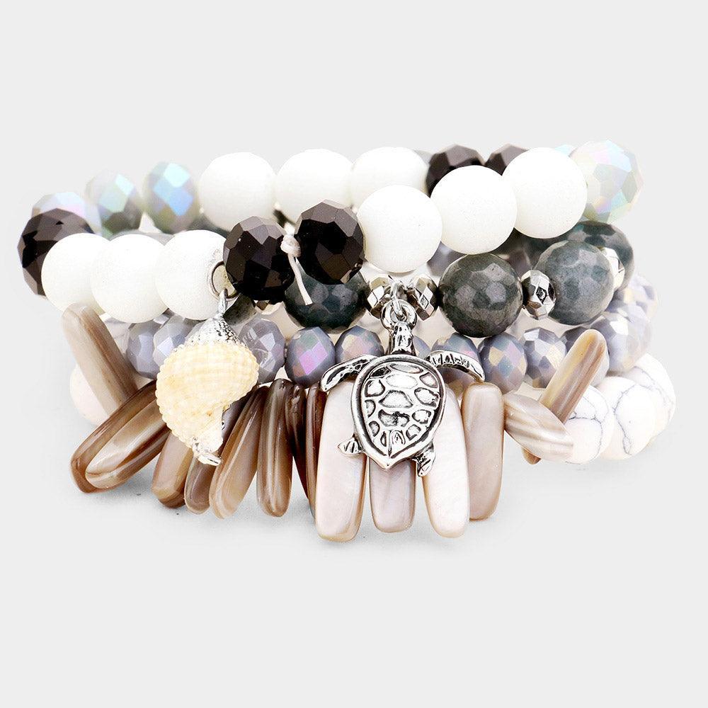 White 4PCS Semi Precious Stone Turtle Beaded Stretch Bracelets - Jewelry Store by Erik Rayo