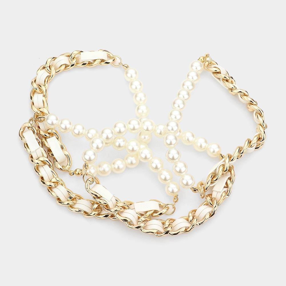 White 4PCS Faux Leather Braided Pearl Beaded Multi Layered Bracelets - Jewelry Store by Erik Rayo