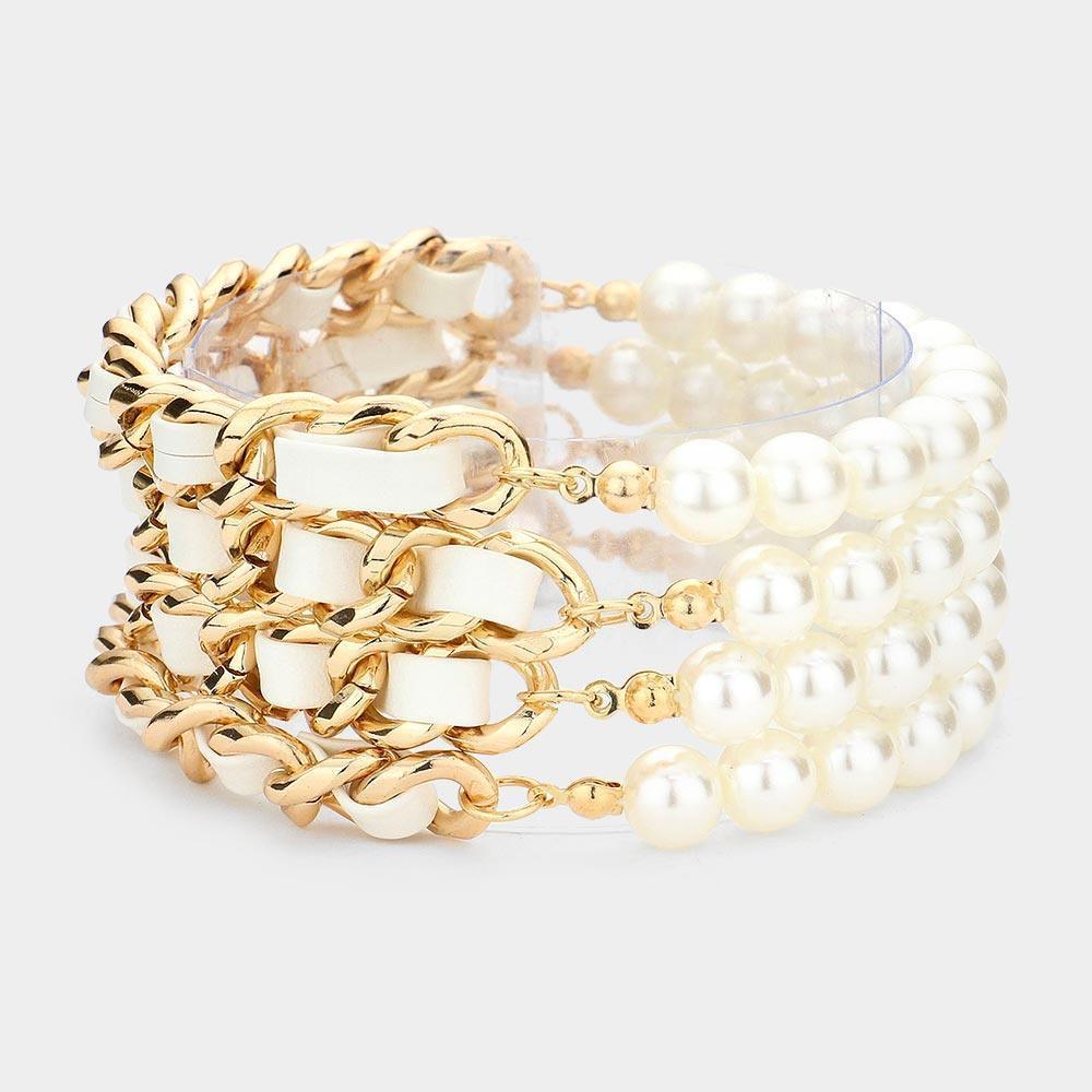 White 4PCS Faux Leather Braided Pearl Beaded Multi Layered Bracelets - Jewelry Store by Erik Rayo