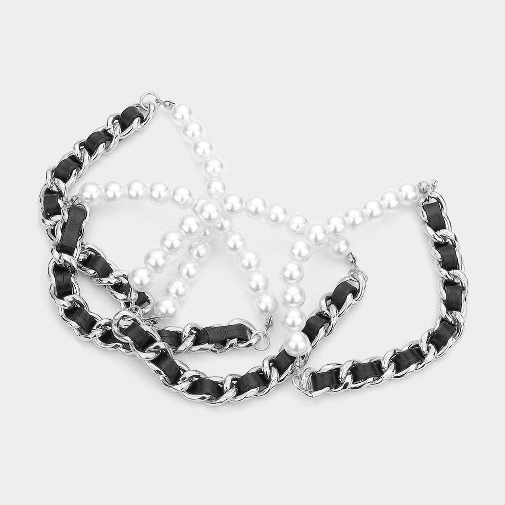 Black 4PCS Faux Leather Braided Pearl Beaded Multi Layered Bracelets - Jewelry Store by Erik Rayo