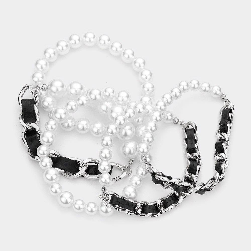 Black 5PCS Faux Leather Braided Pearl Beaded Multi Layered Bracelets - Jewelry Store by Erik Rayo