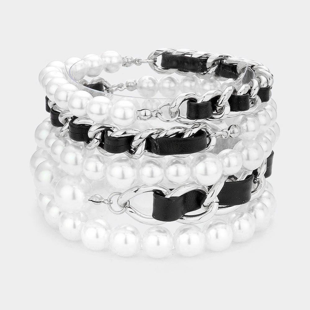 Black 5PCS Faux Leather Braided Pearl Beaded Multi Layered Bracelets - Jewelry Store by Erik Rayo