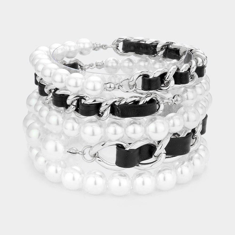 Black 5PCS  Faux Leather Braided Pearl Beaded Multi Layered Bracelets