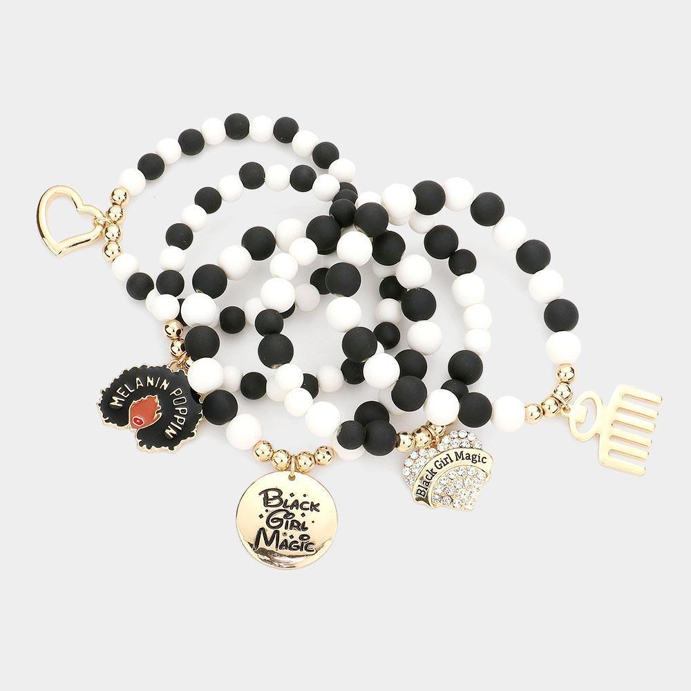 Black 5PCS Black Girl Magic Various Charm Multi Layered Stretchable Bracelets - Jewelry Store by Erik Rayo