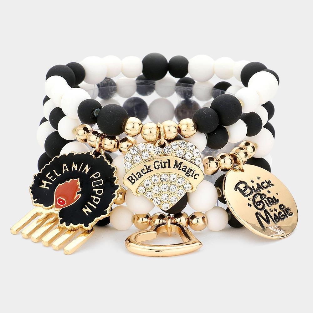 Black 5PCS Black Girl Magic Various Charm Multi Layered Stretchable Bracelets - Jewelry Store by Erik Rayo