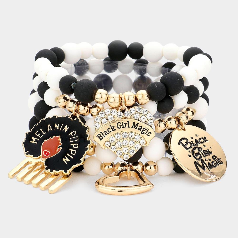 Black 5PCS  Black Girl Magic Various Charm Multi Layered Stretchable Bracelets