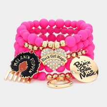 Load image into Gallery viewer, Fuchsia 5PCS  Black Girl Magic Various Charm Multi Layered Stretchable Bracelets
