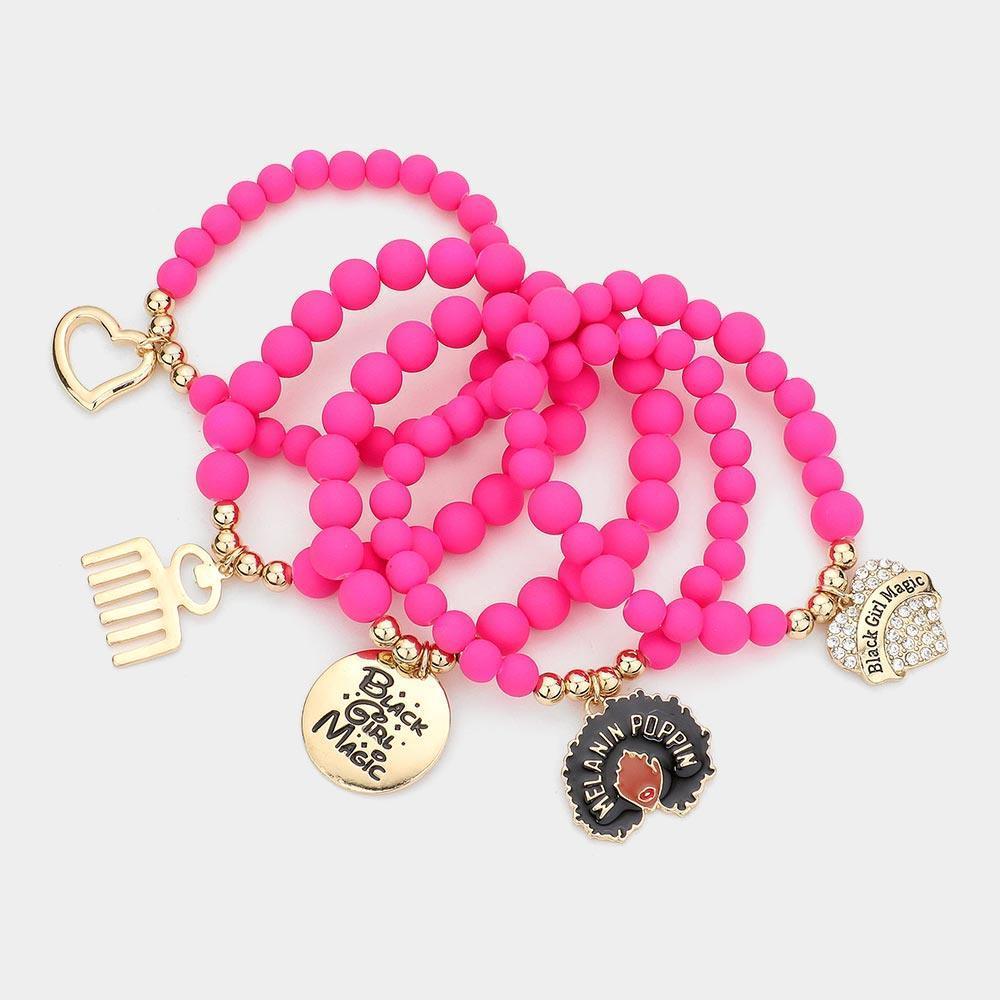 Fuchsia 5PCS Black Girl Magic Various Charm Multi Layered Stretchable Bracelets - Jewelry Store by Erik Rayo