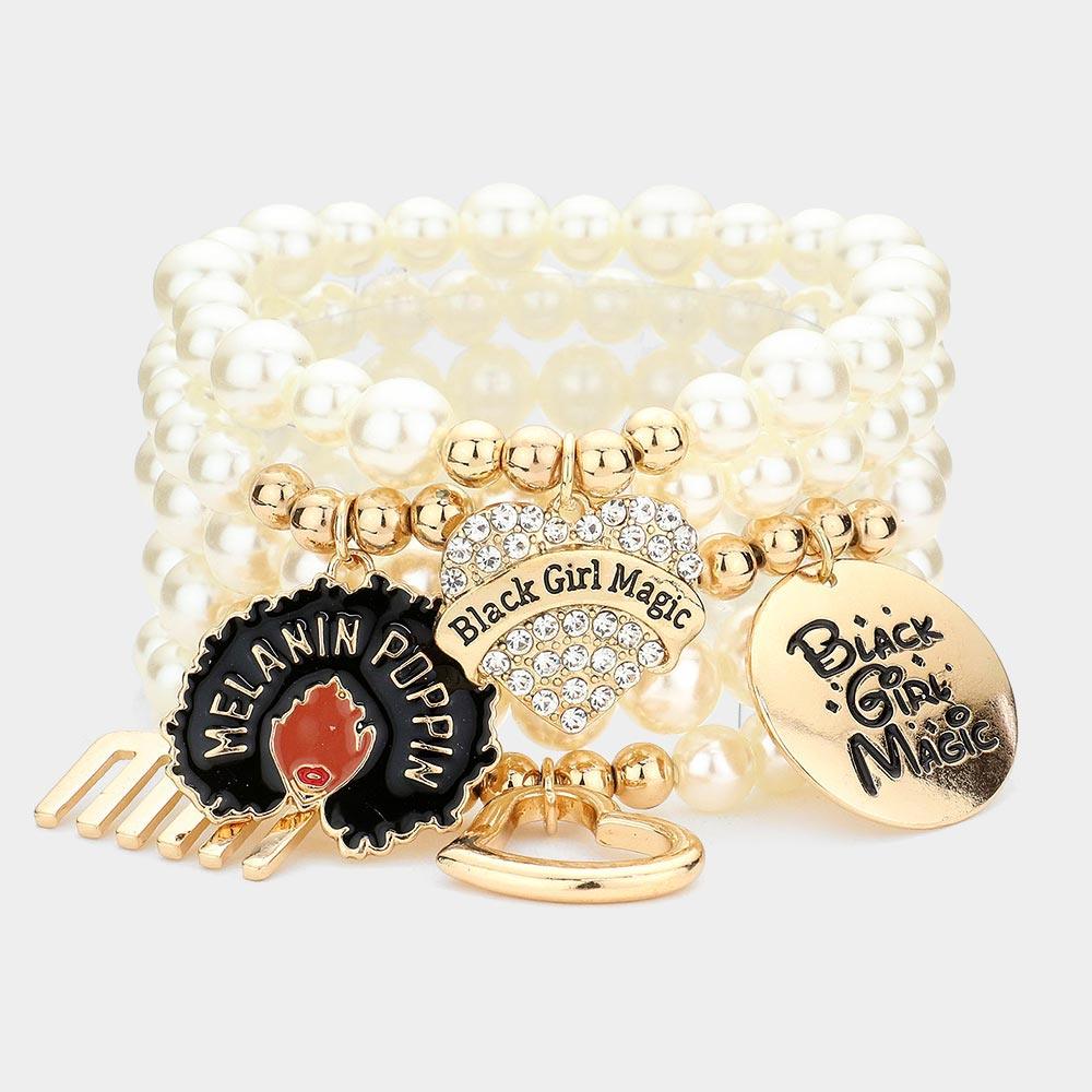 Gold 5PCS  Black Girl Magic Various Charm Multi Layered Stretchable Bracelets