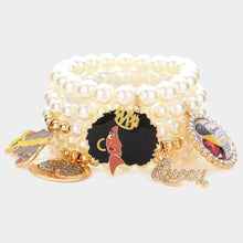 Load image into Gallery viewer, Cream 5PCS - Queen Message Afro Girl Charm Pearl Stretch Bracelets
