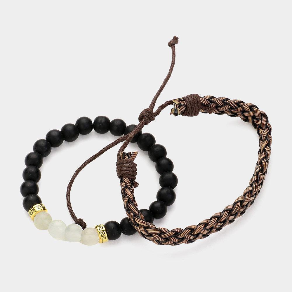 Brown 2PCS Unisex Wax Rope Braided Adjustable Bracelet Stone Beaded Stretch Bracelet Set - Jewelry Store by Erik Rayo