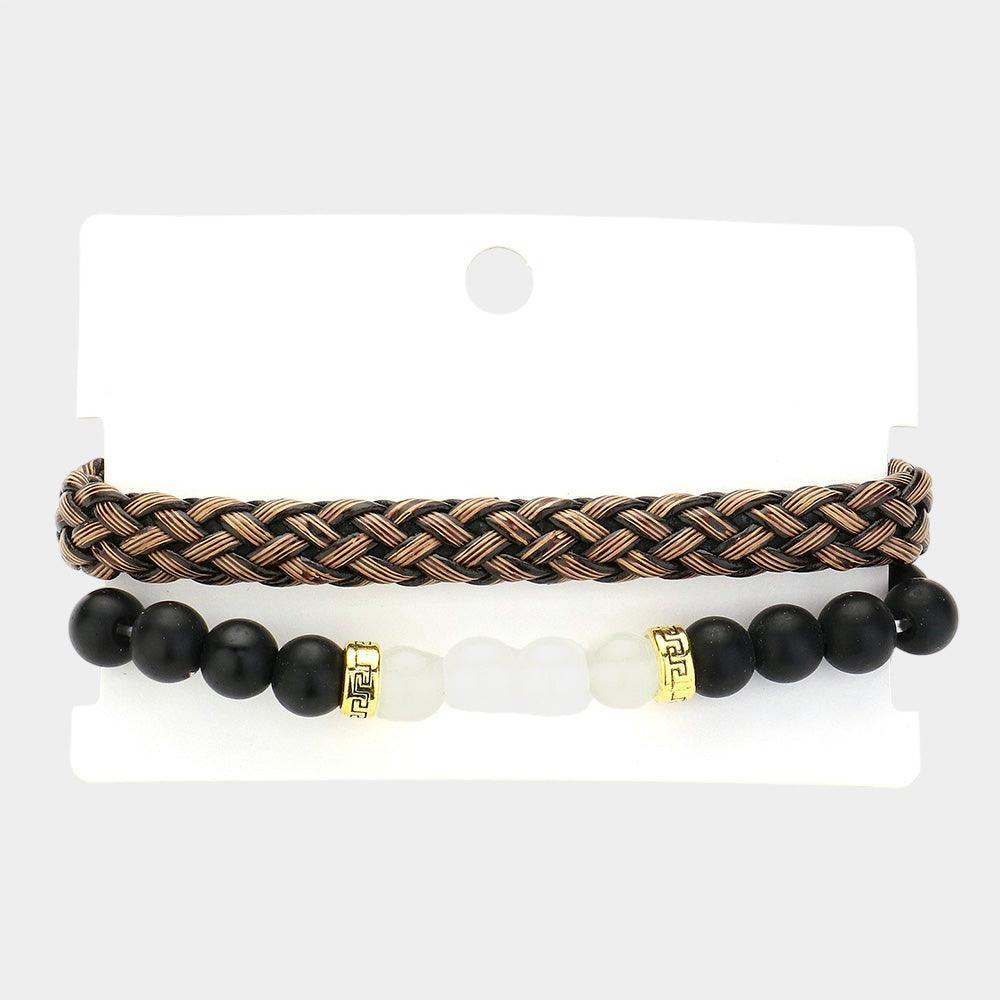 Brown 2PCS Unisex Wax Rope Braided Adjustable Bracelet Stone Beaded Stretch Bracelet Set - Jewelry Store by Erik Rayo