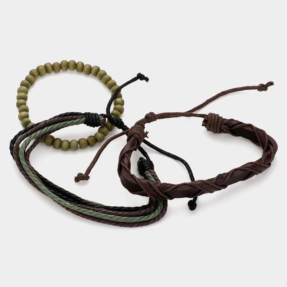 Brown 3PCS - Unisex Wax Rope Genuine Leather Braided Adjustable Bracelet Wood Beaded Stretch Bracelet Set - Jewelry Store by Erik Rayo