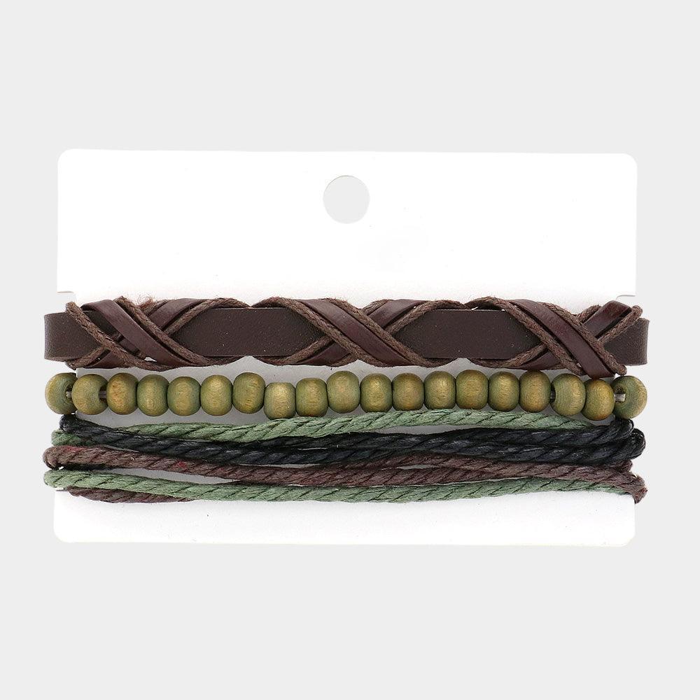 Brown 3PCS - Unisex Wax Rope Genuine Leather Braided Adjustable Bracelet Wood Beaded Stretch Bracelet Set - Jewelry Store by Erik Rayo