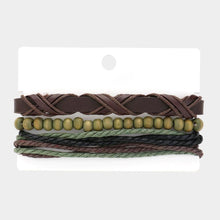 Load image into Gallery viewer, Brown 3PCS - Unisex Wax Rope Genuine Leather Braided Adjustable Bracelet Wood Beaded Stretch Bracelet Set
