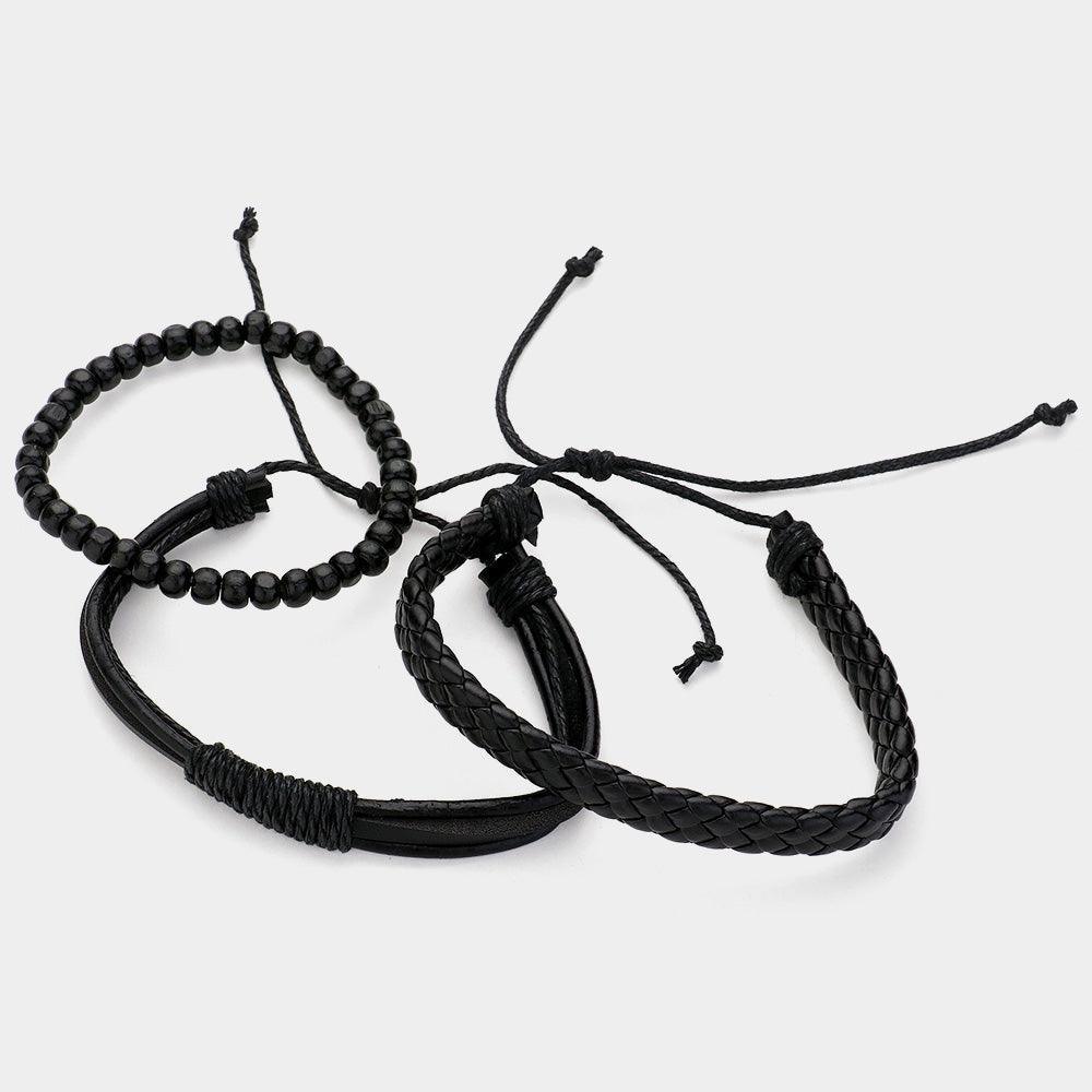 Black 3PCS Unisex Wax Rope Genuine Leather Braided Adjustable Bracelet Wood Beaded Stretch Bracelet Set - Jewelry Store by Erik Rayo