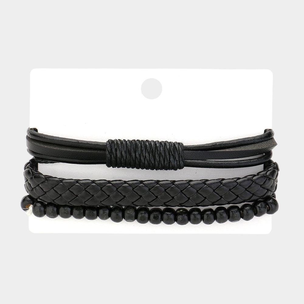 Black 3PCS  Unisex Wax Rope Genuine Leather Braided Adjustable Bracelet Wood Beaded Stretch Bracelet Set