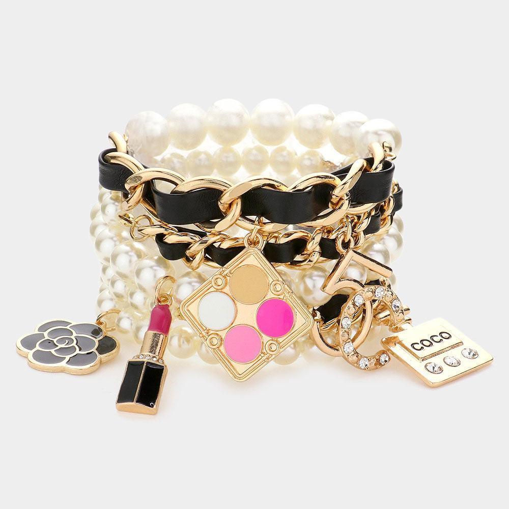 Cream 5PCS Flower Lipstick Perfume Charm Pearl Stretch Bracelets - Jewelry Store by Erik Rayo