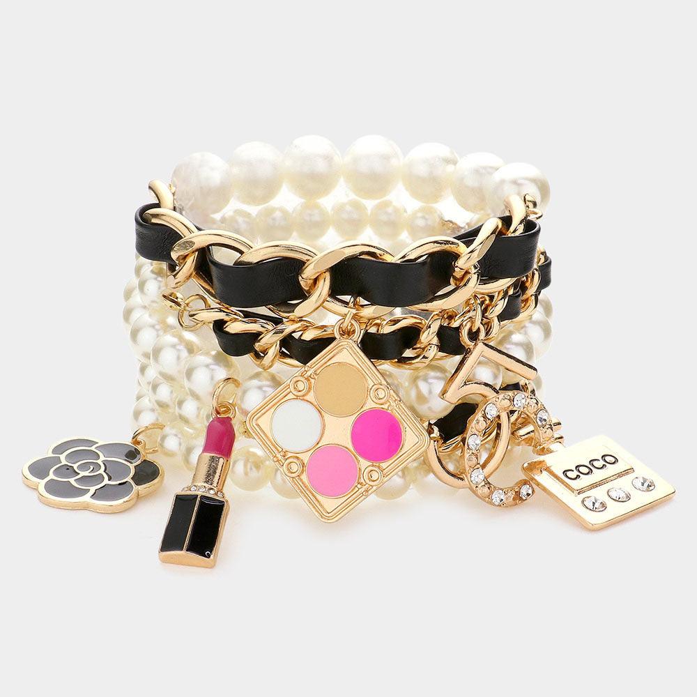 Cream 5PCS  Flower Lipstick Perfume Charm Pearl Stretch Bracelets