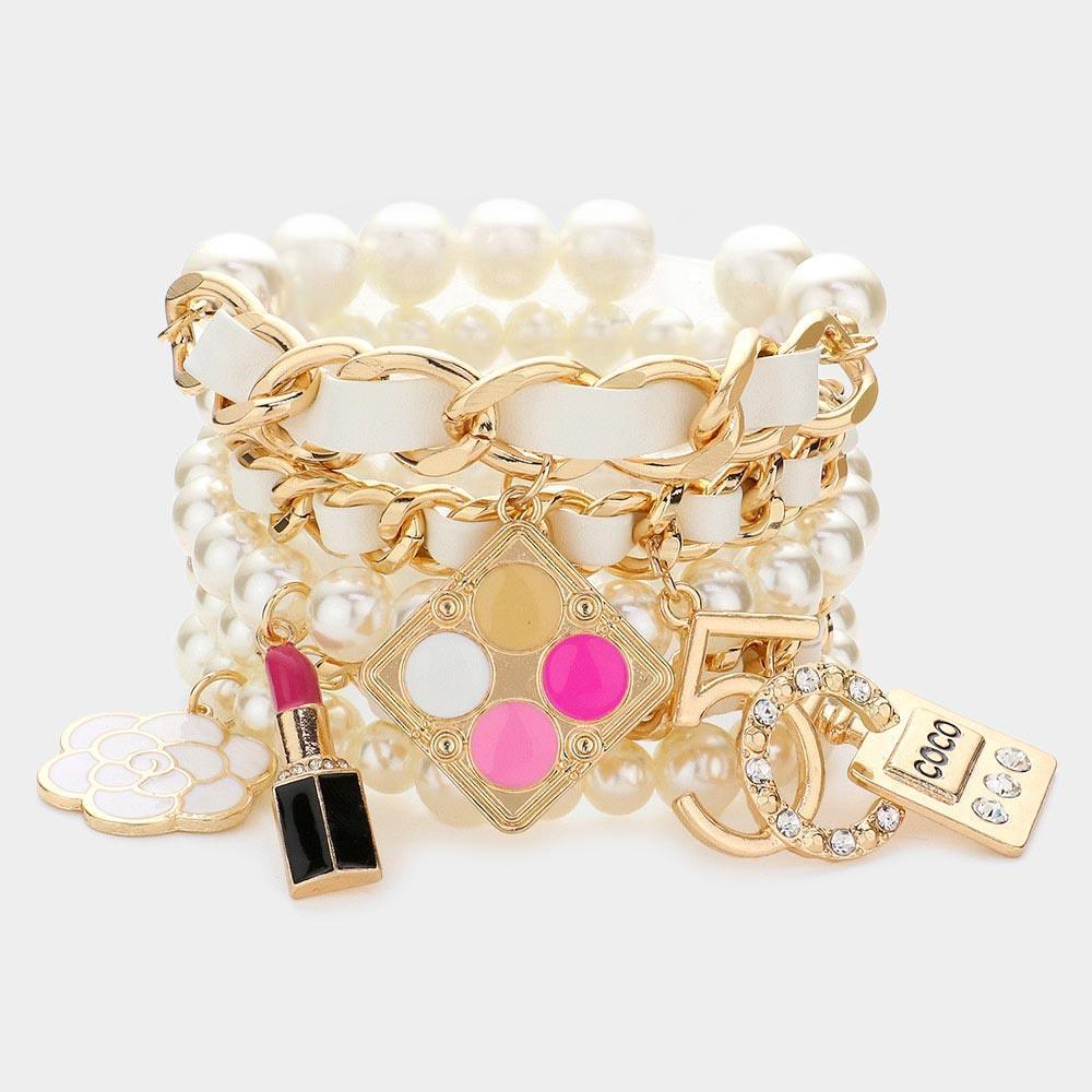 Cream 5PCS - Flower Lipstick Perfume Charm Pearl Stretch Bracelets - Jewelry Store by Erik Rayo