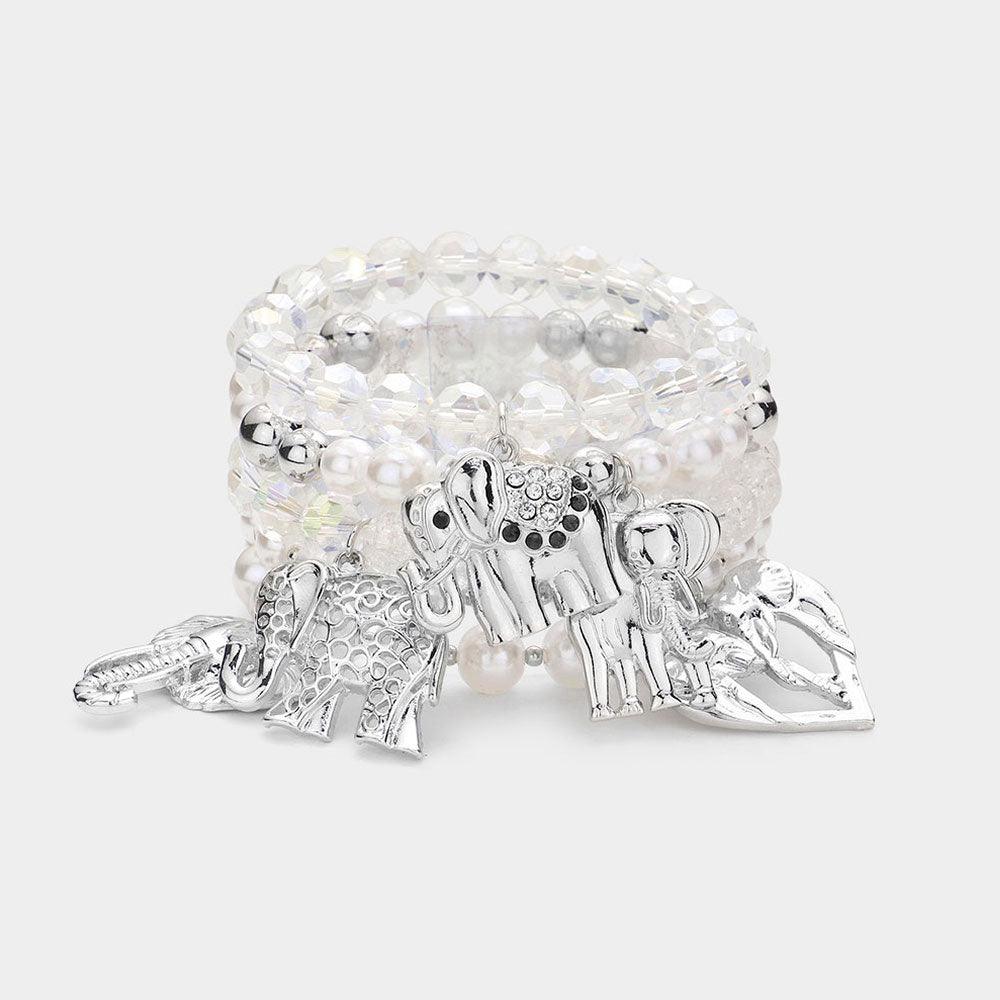 White 5PCS - Metal Elephant Charm Pearl Faceted Beaded Stretch Bracelets