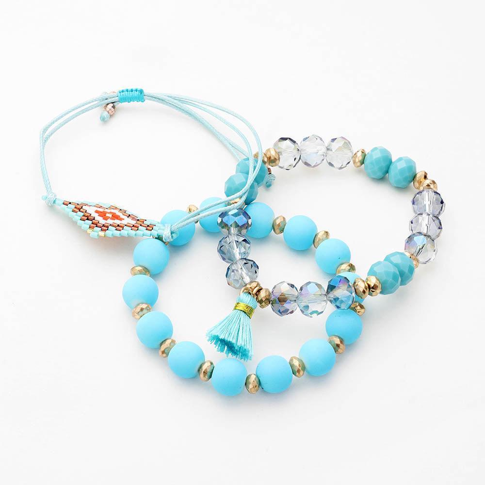 Turquoise 3PCS Boho Bead Wood Bead Stretch Layered Tassel Bracelets - Jewelry Store by Erik Rayo
