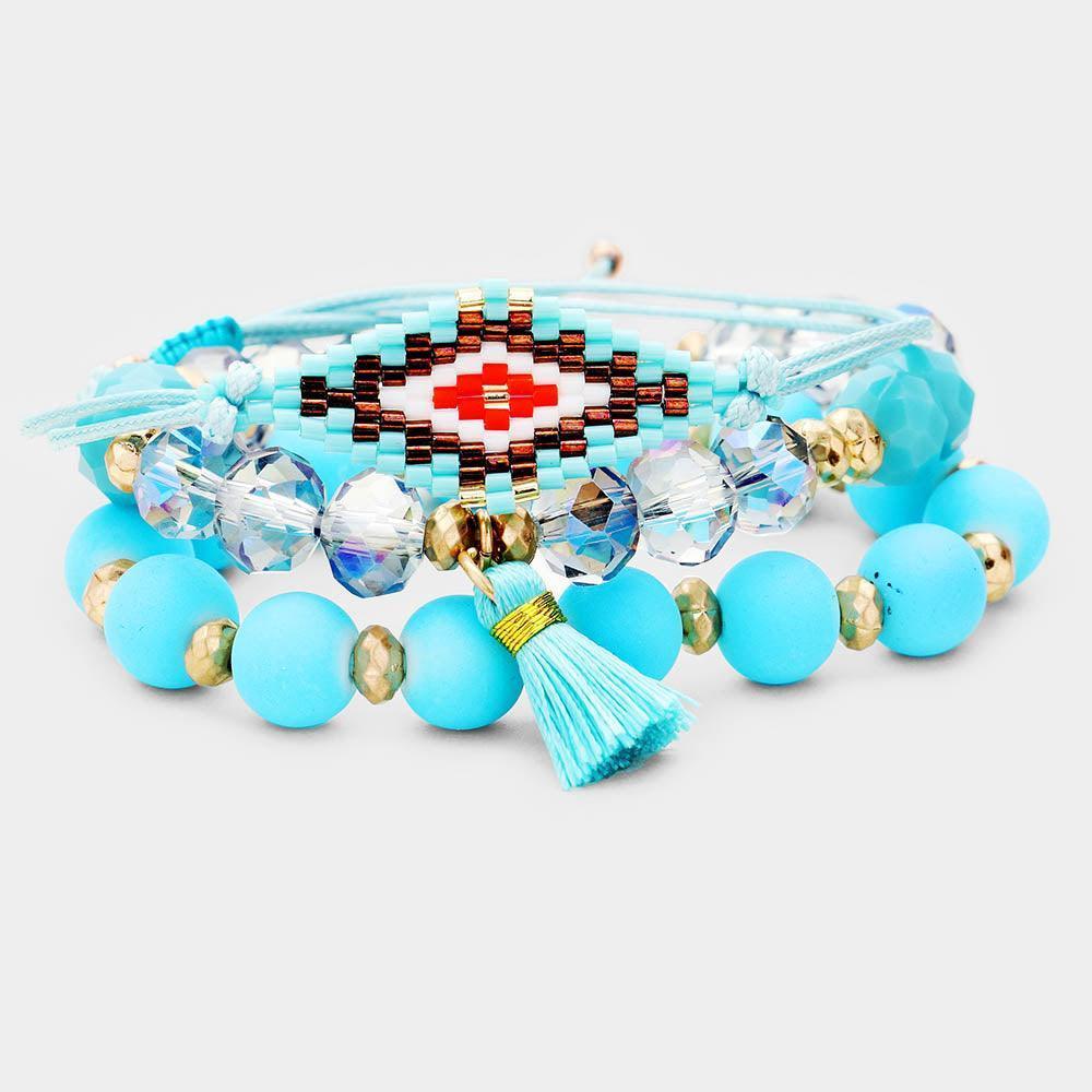 Turquoise 3PCS Boho Bead Wood Bead Stretch Layered Tassel Bracelets - Jewelry Store by Erik Rayo