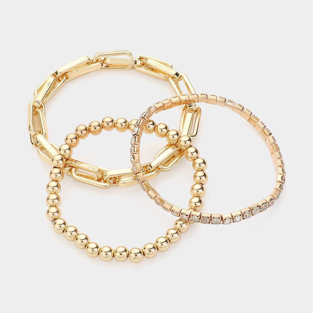 Gold 3PCS Metal Ball Link Stone Cluster Chain Stretch Multi Layered Bracelets - Jewelry Store by Erik Rayo