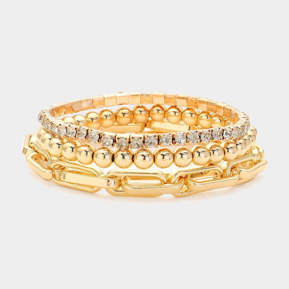 Gold 3PCS Metal Ball Link Stone Cluster Chain Stretch Multi Layered Bracelets - Jewelry Store by Erik Rayo