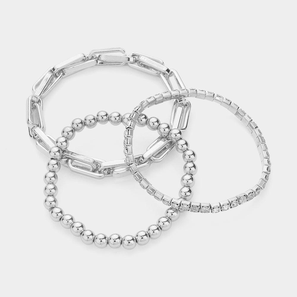 3PCS - Metal Ball Link Stone Cluster Chain Stretch Multi Layered Bracelets - Jewelry Store by Erik Rayo
