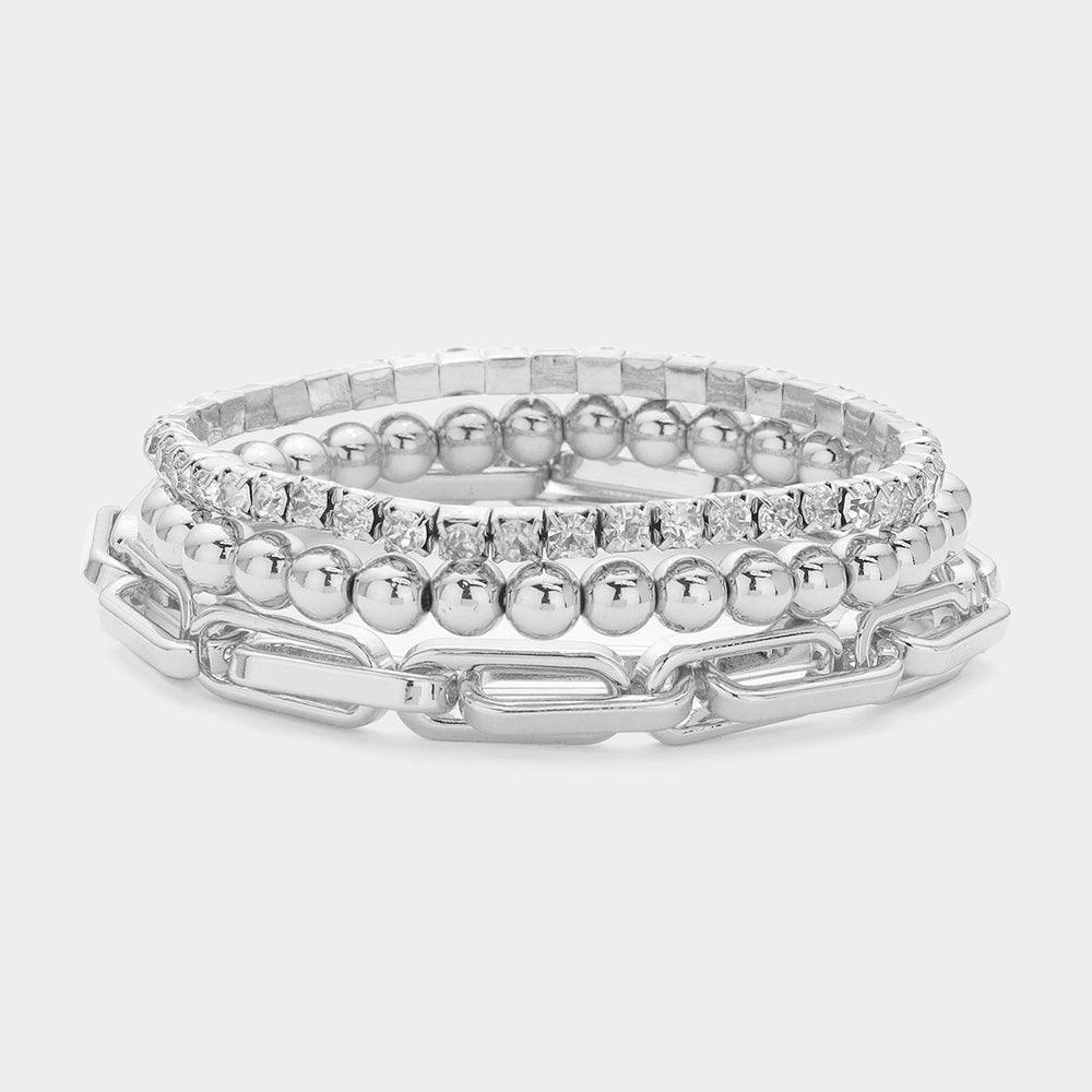 3PCS - Metal Ball Link Stone Cluster Chain Stretch Multi Layered Bracelets - Jewelry Store by Erik Rayo