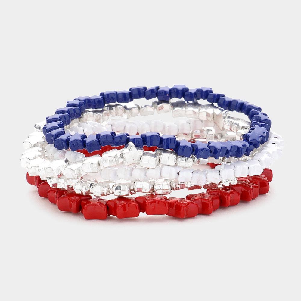 Silver 5PCS  American USA Flag Star Beaded Multi Layered Bracelets