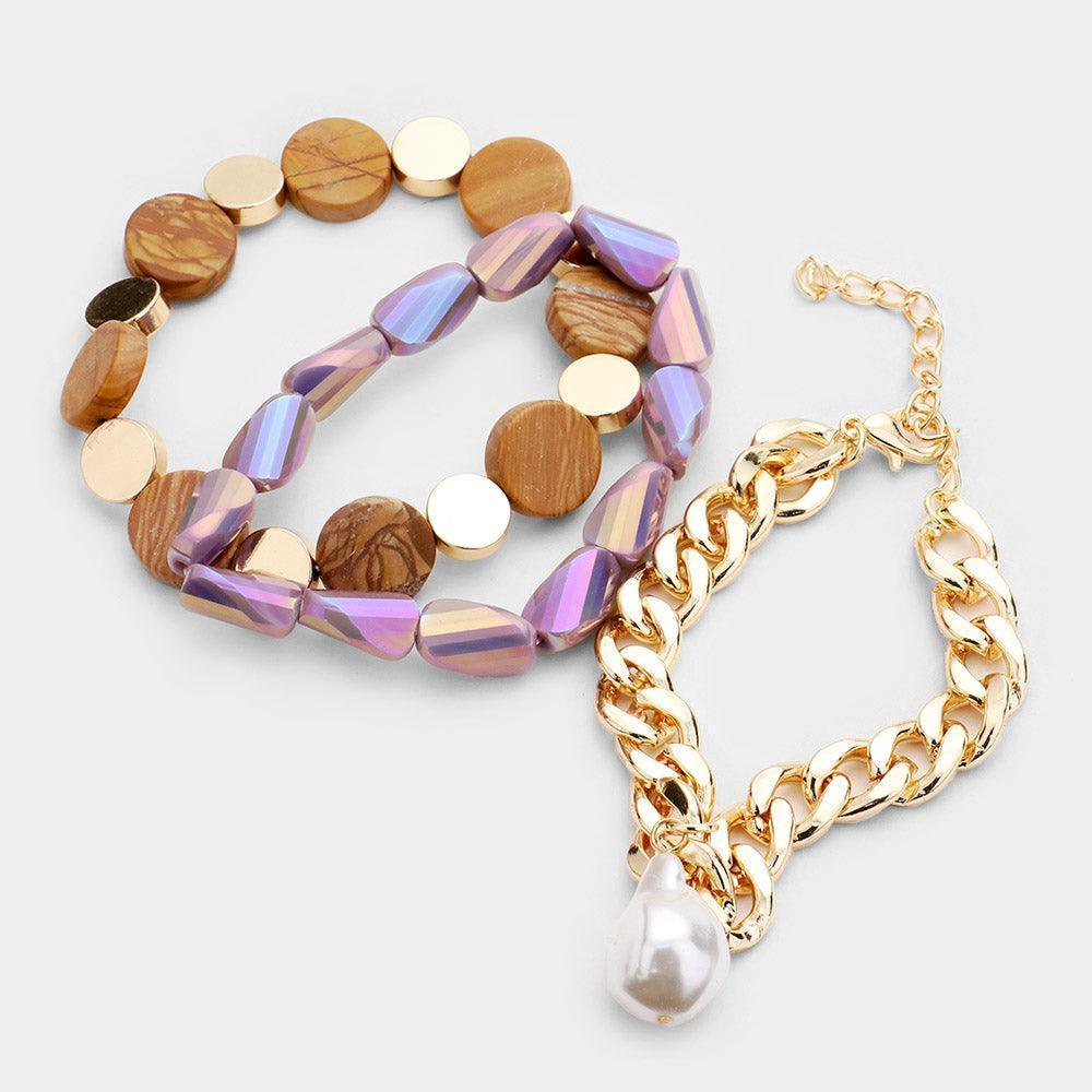 Gold 3PCS Semi Precious Stone Multi Bead Pearl Charm Layered Bracelets - Jewelry Store by Erik Rayo