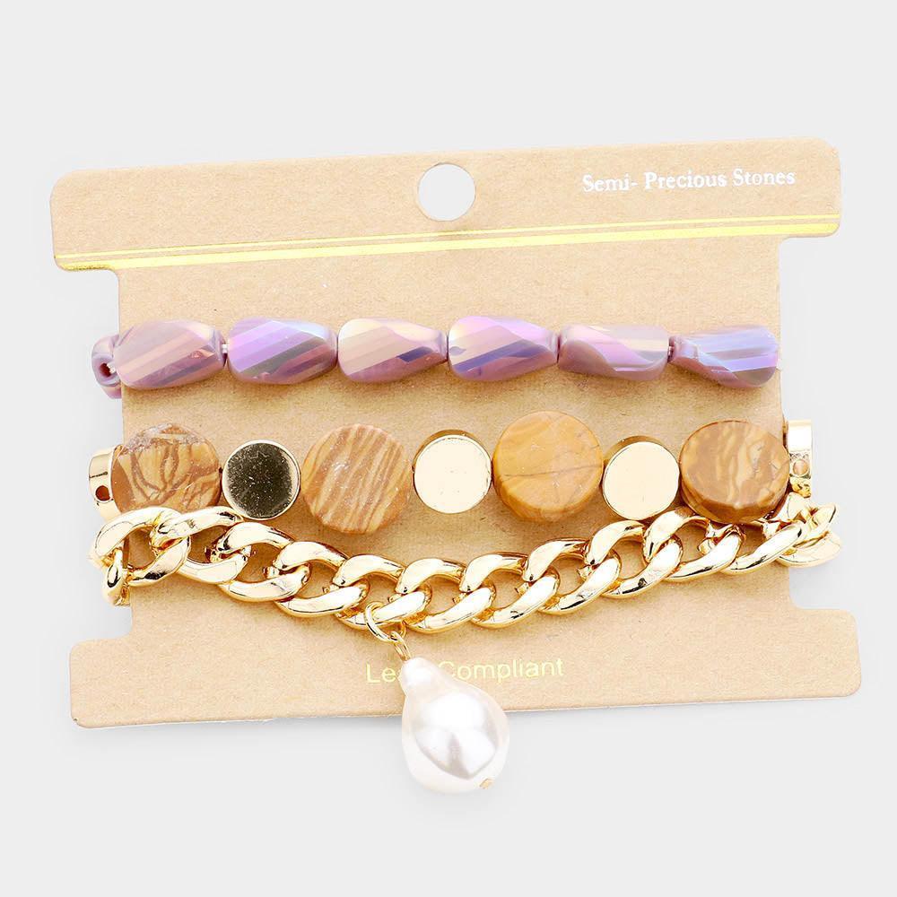 Gold 3PCS Semi Precious Stone Multi Bead Pearl Charm Layered Bracelets - Jewelry Store by Erik Rayo