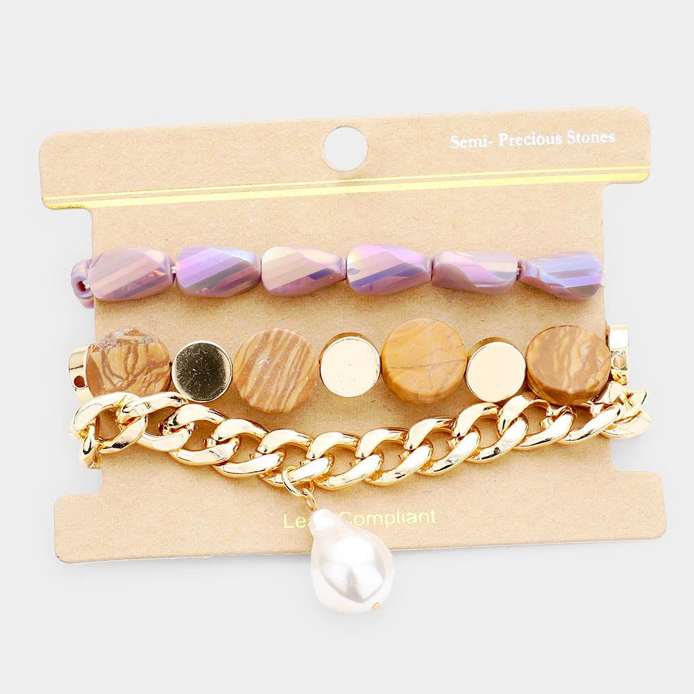 Gold 3PCS  Semi Precious Stone Multi Bead Pearl Charm Layered Bracelets