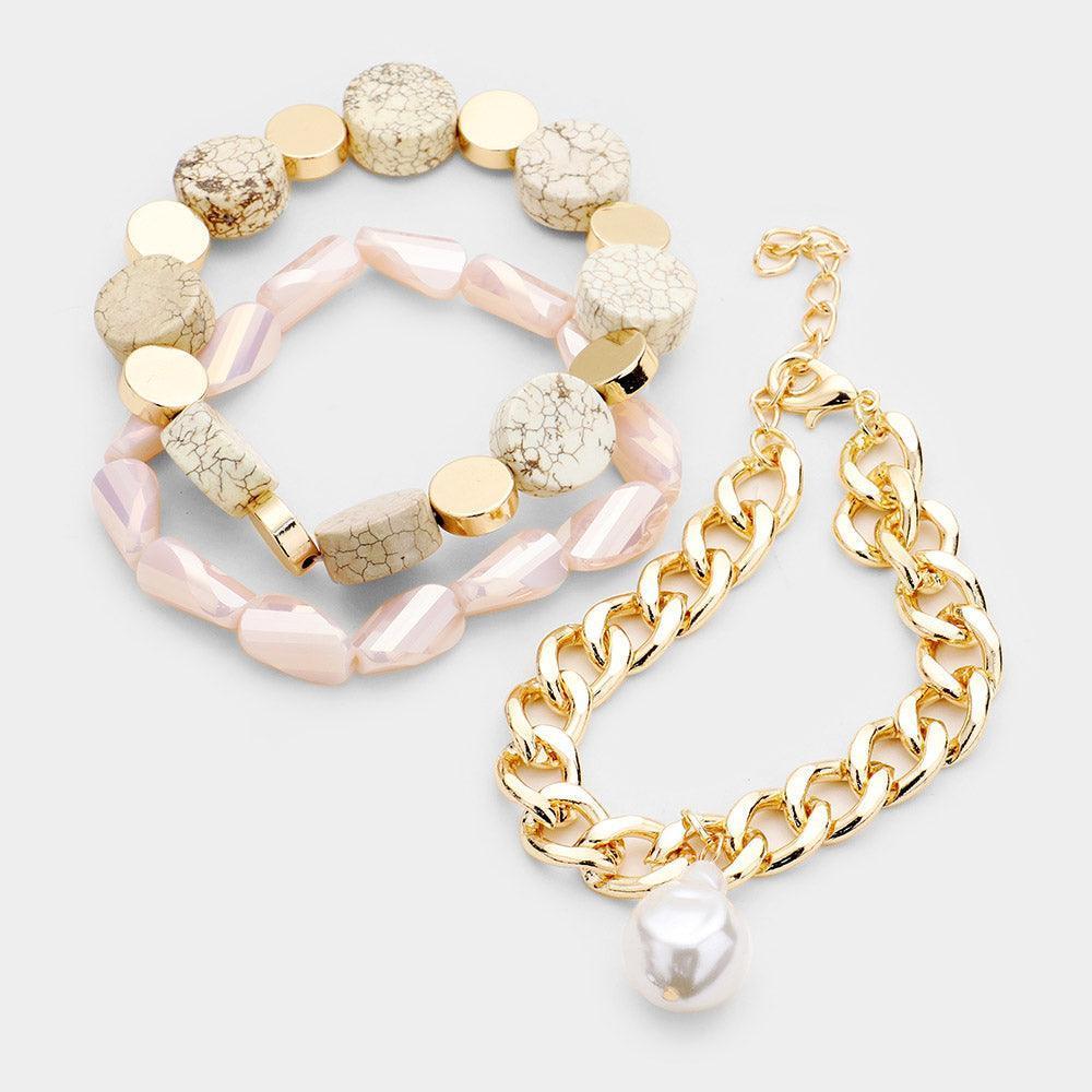 Gold 3PCS Semi Precious Stone Multi Bead Pearl Charm Layered Bracelets - Jewelry Store by Erik Rayo