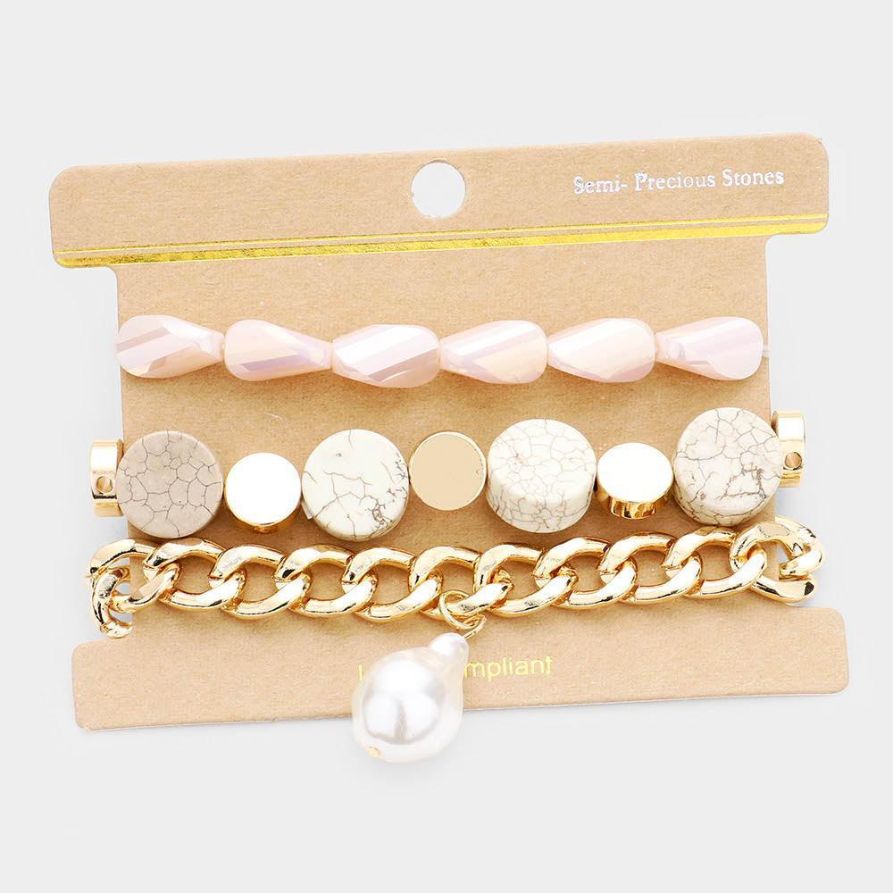 Gold 3PCS Semi Precious Stone Multi Bead Pearl Charm Layered Bracelets - Jewelry Store by Erik Rayo