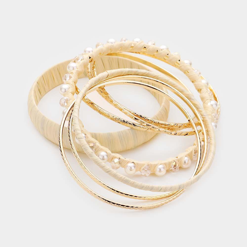 Gold 8PCS Woven Straw Wrapped Bead Metal Layered Bracelets - Jewelry Store by Erik Rayo