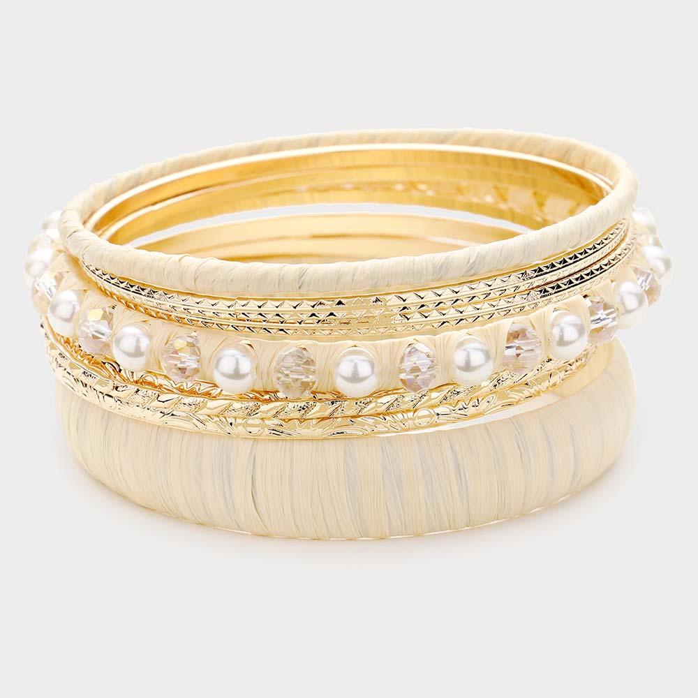 Gold 8PCS  Woven Straw Wrapped Bead Metal Layered Bracelets