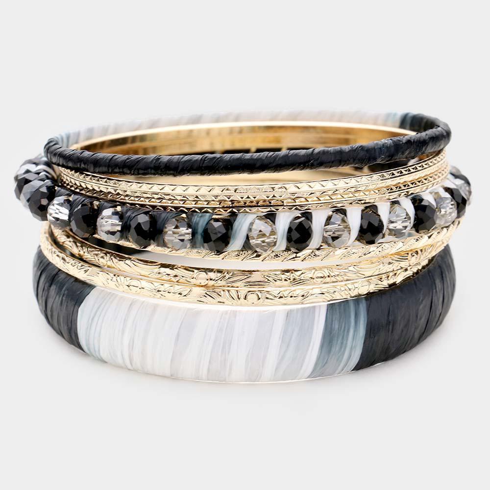 Gold 8PCS Woven Straw Wrapped Bead Metal Layered Bracelets - Jewelry Store by Erik Rayo