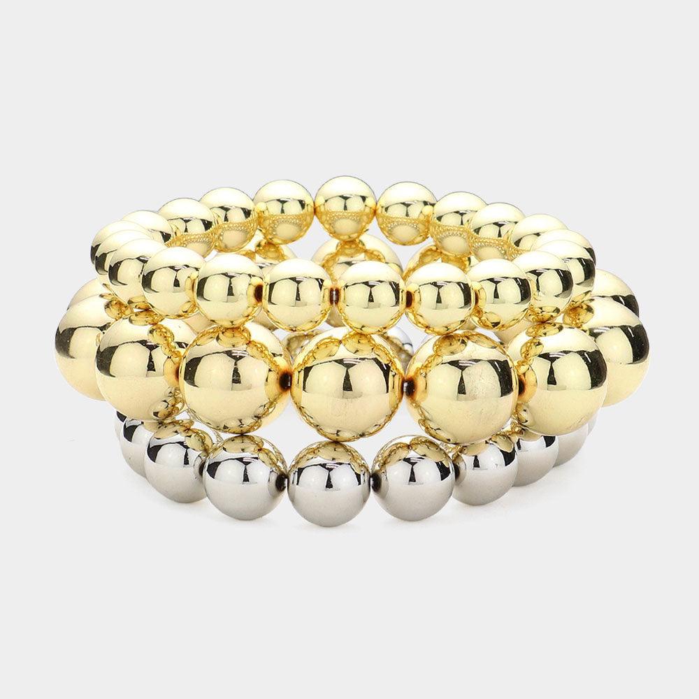 Gold 3PCS  Metal Ball Stretch Multi Layered Bracelets