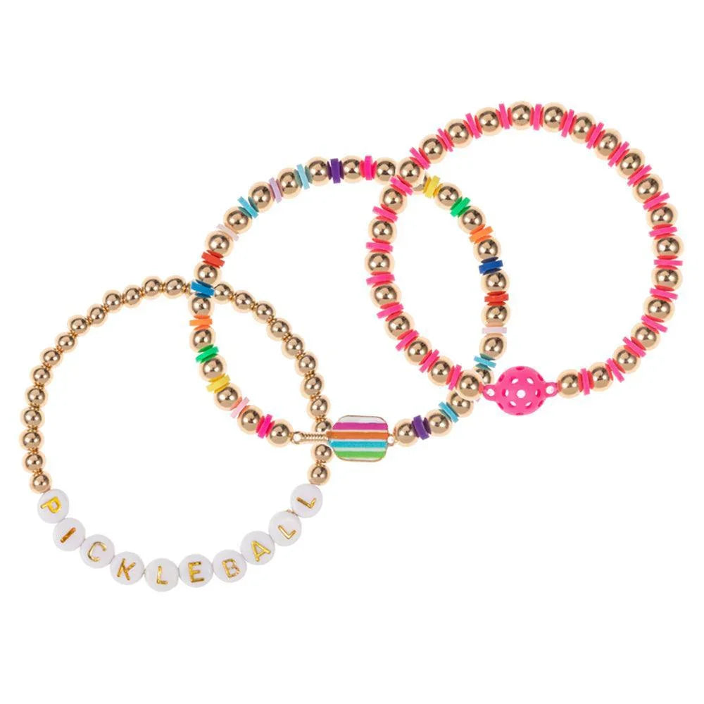 3PCS - Pickle Ball Message Enamel Pickle Ball Paddle Pointed Beaded Stretch Multi Layered Bracelets - Jewelry Store by Erik Rayo