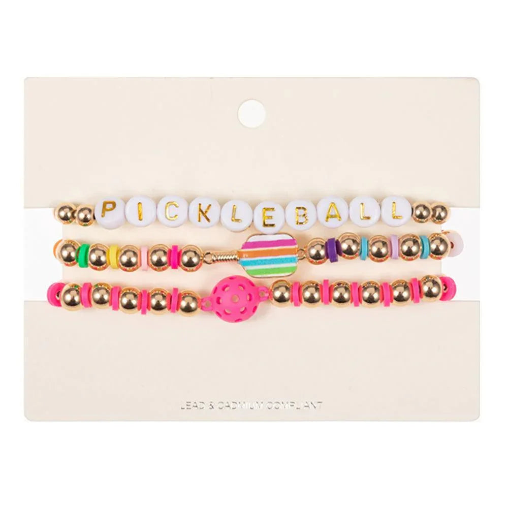 3PCS - Pickle Ball Message Enamel Pickle Ball Paddle Pointed Beaded Stretch Multi Layered Bracelets - Jewelry Store by Erik Rayo