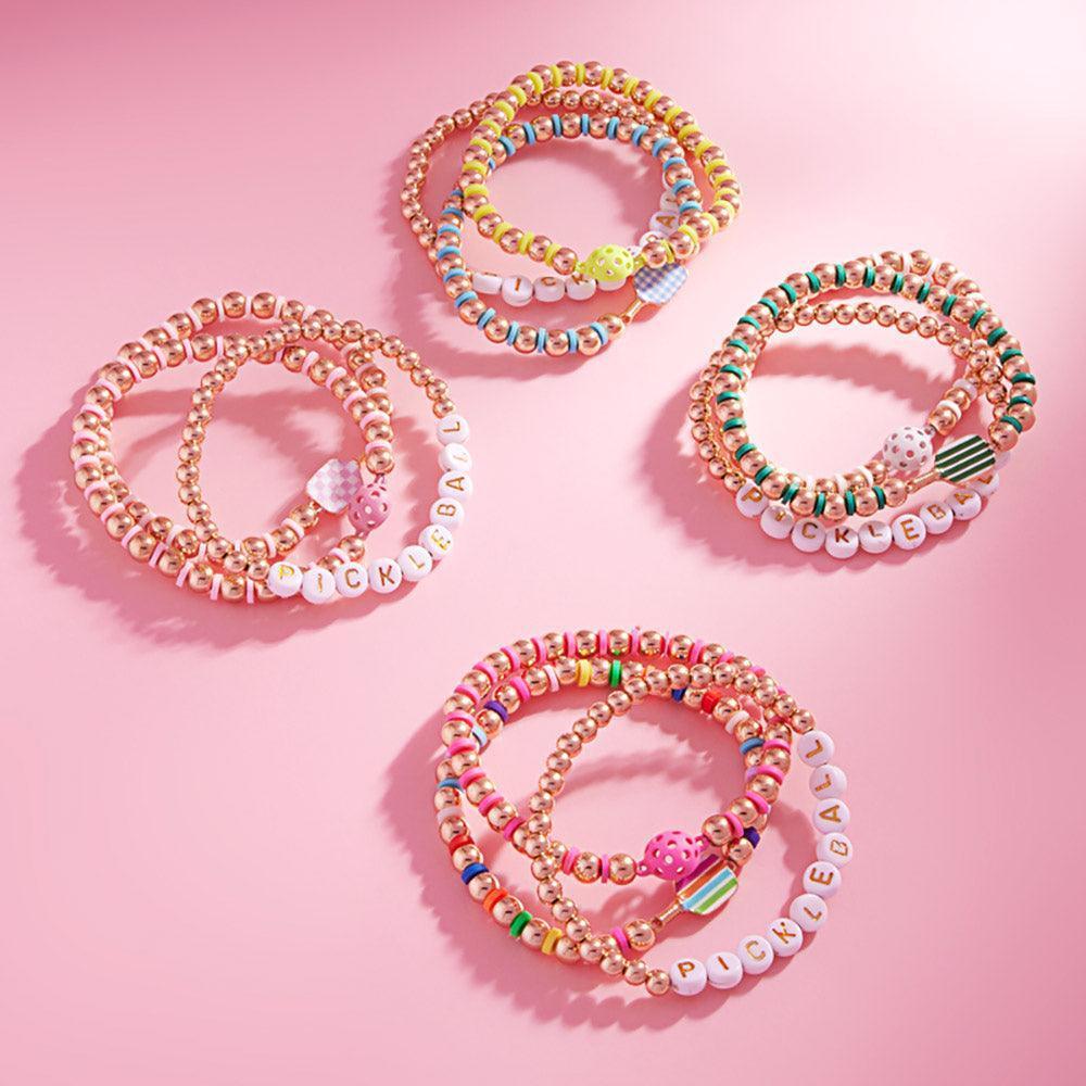 3PCS - Pickle Ball Message Enamel Pickle Ball Paddle Pointed Beaded Stretch Multi Layered Bracelets - Jewelry Store by Erik Rayo